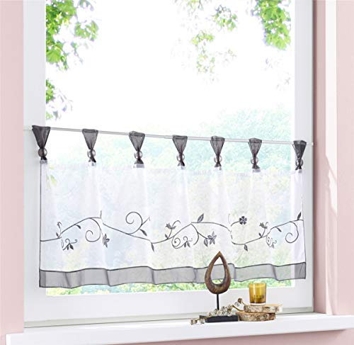 Dreamskull Scheibengardine Voile Bistrogardine Landhaus Küche Kurz Modern Kurzstores Gardinen Kurzgardine Küchengardine Transparent 45 cm Hoch Weiß mit Schlaufen Stickerei Kleinfenster