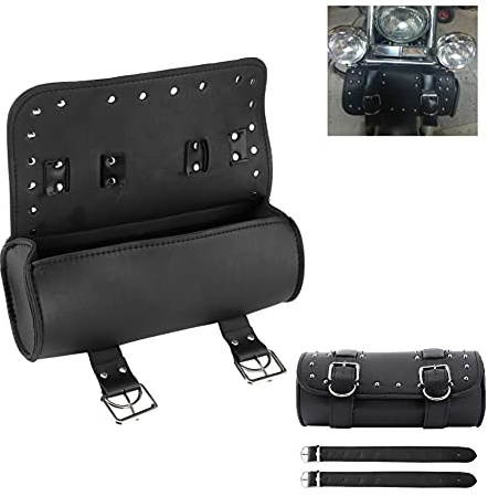 Plyisty Motorradtasche, Universal PU Leder Motorrad Werkzeugtasche Rollbeutel Satteltaschen, mit 2 Stück Lederriemen, für Motorräder(Schwarz)