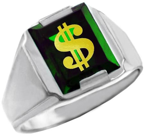 Solid 9 Karat Weißgold Grün Zirkonia Stein Dollar Sign Siegelring Herren Ring EII