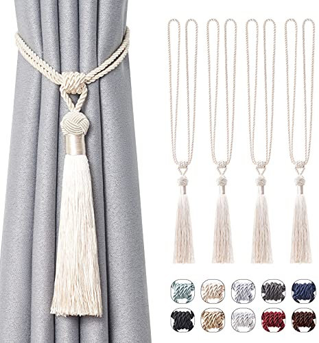 Pretty Jolly Langen Quasten Vorhang-Raffhalter Handmade geflochtene Seil Knoten drapierte Raffhalter Elegante dekorative Vorhanghalter für Zuhause und Büro, Beige, 4 Stück
