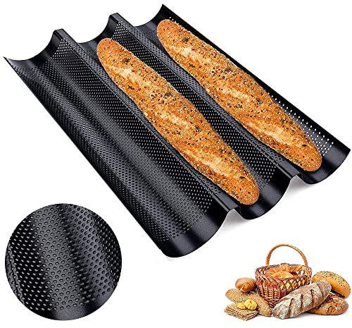 Bandeja Horno para Pan, Bandeja Baguettes Molde, Moldes Baguette Antiadherentes, Bandeja Baguette Acero Inoxidable, con Buen Revestimiento Antiadherente, para Panadería, Familiar (Negro)