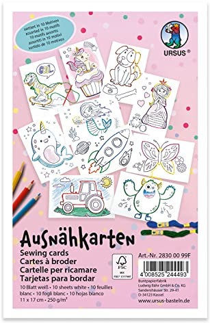 Ursus 28300099F - Ausnähkarten für Kinder, 10 weiße Stickkarten mit vorgedruckten Motiven zum Aussticken und Ausmalen, ca. 11 x 17 cm groß