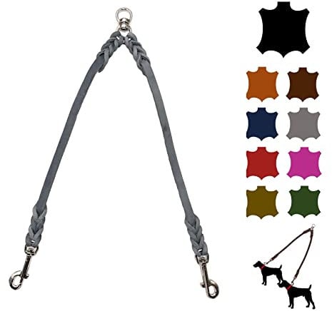 Hundeleine Doppelleine für 2 Hunde/Koppelleine Fettleder/Verbindungsleine kleine Hunde/große Hunde (35cm Breite: 12mm, Grau)