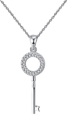 Fine Facets S925 Argent Sterling Zircon Cubique Pavé Clé Médaillon Plaqué Rhodium Femme Homme Chaîne Pendentif Collier SN220