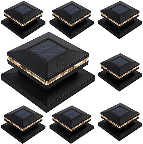 Dynaming 8 Pack Solar Post Cap Lights, Outdoor Decorative Post Solar Lights Black Shell Caps Fit 4x4 5x5 6x6 Vinyl/Wooden Posts, Brightness Warm White LED Lighting for Garden Fence Deck Patio