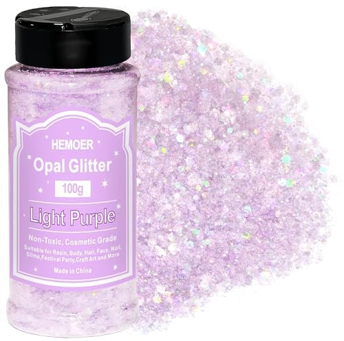 HEMOER Light Purple Opal Glitter 100g/3.5oz, Cosmetic Mixed Hexagon Chunky & Fine Craft Glitter Resin Sequins for Epoxy Glass, Resin Art, Body, Hair, Face, Nail, Tumbler, Festival Party