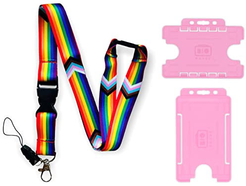 Rainbow LQBTQ Progress Pride Flaggenband mit abnehmbarem Schnallenclip und doppeltem Ausweishalter (mit horizontalem Kartenhalter)
