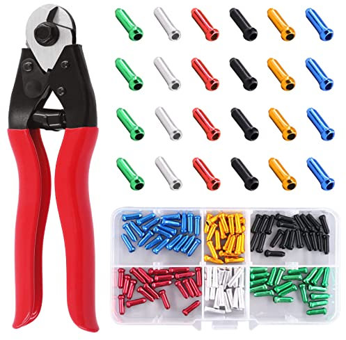 Keadic 121Pcs 6 Colors Alloy Bike Brake Cable Caps Set with Stainless Steel Wire Rope Cutter, Bicycle Cable End Crimps Wire End Caps Crimp Cable Cap End Brake Tips Shifter for Road Mountain Bikes
