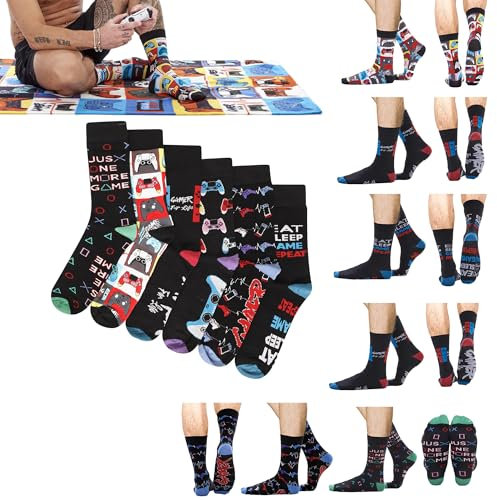 Soxy Mens Gamer For Life Socks - 6 Pairs - Assorted Gaming Controller Designs - Black Socks with Colour Heel and Toe - UK Size 6-11