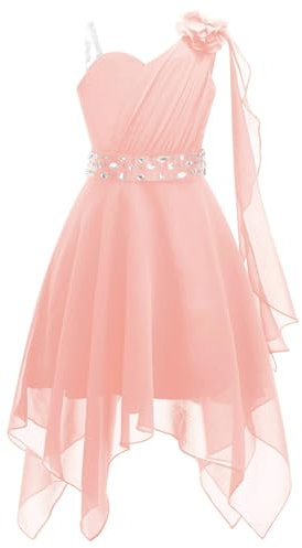 Freebily Vestito da Festa Cerimonia Matrimonio Damigella Bambine Ragazze Monospalla Elegante Abito da Sposa Comunione Battesimo Chiffon Vestito da Principessa Orlo Asimmetrico Rosa 13-14 Anni
