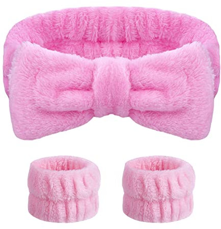 AOMIG Spa Stirnband, Gesicht Handgelenk Weiches Haarband Elastisches Handgelenk Schweißband Kosmetik Haarreif für Frauen Mädchen Gesichtsreinigung Schönheit Yoga (Haarband + Armband, Rosa)