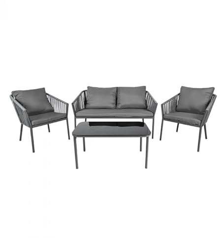 Grindi - Gartenmöbel Lounge Set, Seilgeflecht, Seilbespannung, Balkonmöbel - 4 Personen, mit Sofa, Tisch & Stühlen - grau, Paga I - wetterfest Sitzbezüge - für Garten, Balkon, Terrasse, Flache