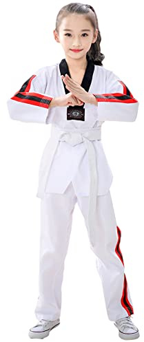 Amur Leopard Uniforme de Taekwondo Niñas con Cinturón Traje de Taekwondo Profesional para Karate Judo Entrenamiento, Cuello Negro, 140/10-11 Años