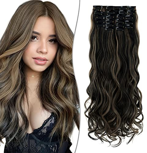 SEGO 12 PCS Clip in Extensions wie Echthaar Haarverlängerungen Haarteile Locken Wellig 55 cm günstig für Voller Kopf 180g Natürlich Schwarz & Kaffeebraun