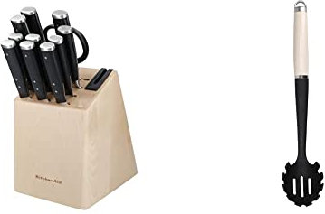 KitchenAid Gourmet 11-Piece Japanese Steel Knife Set with Sharpener and Birchwood Block & Pasta-Servierlöffel, Hitzeresistent, Antihaftbeschichtung, Spaghettilöffel – Almond Creme