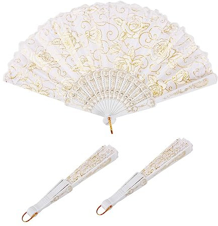 JRAIYBZ Rose Lace Floral Hand Fans Gold Retro Elegant Chinese Folding Fan White Vintage Bridal Handheld Dancing Fan Floral Folding Hand Fans Rose Retro Foldable Fan Hand Fan for Women Dancing Parties