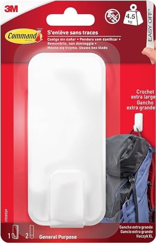 Command Gancho, Blanco, Extragrande XL para Objetos Pesados, 1 Gancho + 2 Tiras Adhesivas, para Interiores y Otros Artículos de Hasta 4,5 kg, sin Clavos, sin Agujeros, sin Taladrar