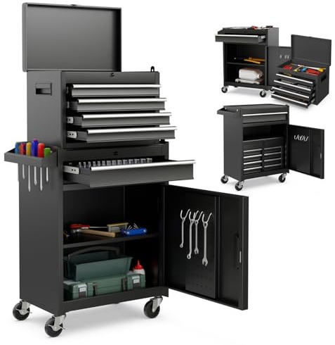 Goplus Tool Chest, 5-Drawer Rolling Tool Storage Cabinet with Detachable Top Tool Box, Liner, Universal Lockable Wheels, Adjustable Shelf, Locking Mechanism, Metal Tool Cart for Garage Workshop