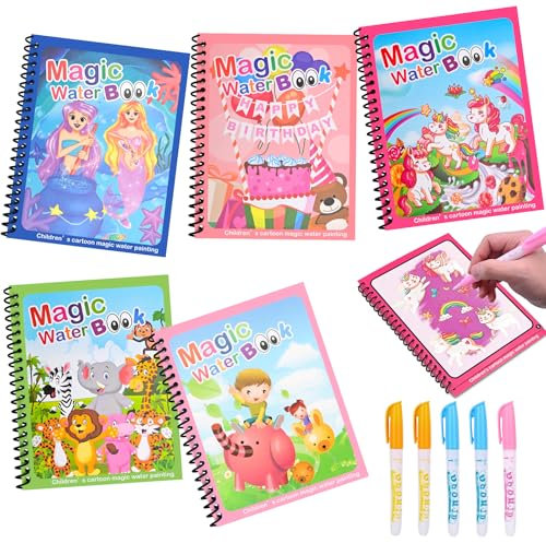 Januts 5 Stück Wassermalbuch Prinzessinnen Thema Wasser malbuch Wiederverwendbares Doodle Buch mit Zauberstift Wasser Malbuch Magie Wasser Zeichnung Buch Magisches Malbücher Set fü Kinder Weihnachten
