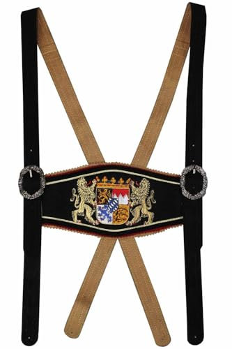 German Wear Trachten Hosenträger lederhosen mit Bayerischem Wappen-stickerei, Farbe:Schwarz