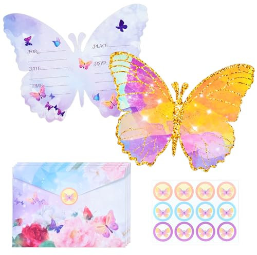 Dereine Mädchen Schmetterling Party Einladung, 12 Stück Einladungskarten Kindergeburtstag Mädchen, Einladung Geburtstag Schmetterling mit Umschlag und Siegelaufkleber