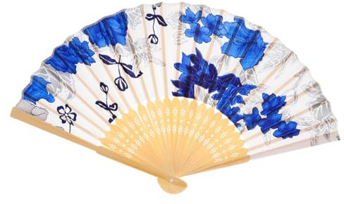 TOPPERFUN Folding Hand Fan Japanese Vintage Style Blue White Silk Bamboo