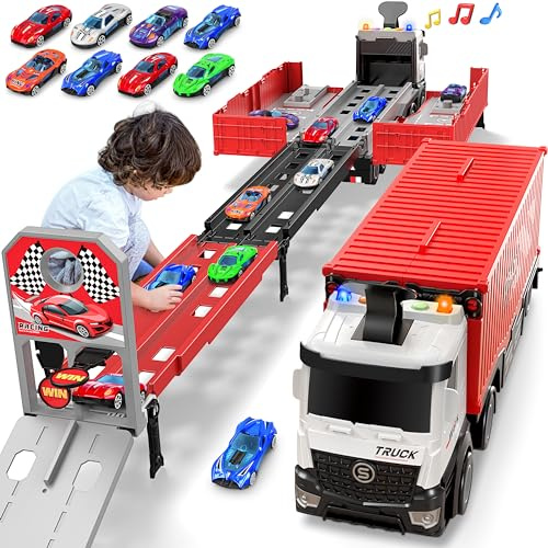 Transport Truck Toys Cars for Boys,Portable Truck Toy with 8 Race Cars | Birthday Gifts Carrier Vehicles Toys Set for Kids Age 3 4 5 6 7 8 9 10-12+ Year Old Boys Girls
