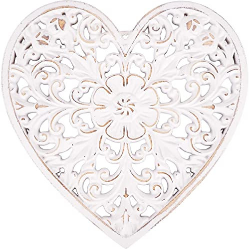 Gatphy Wooden Wall Decor Floral Hollow Carved Wall Panel Floral Patterned Distressed White Rustic Wall Art Sculpture Ornament 12x 12 Inch for Home Hallway Bedroom Living Room Cafe Office (Heart)