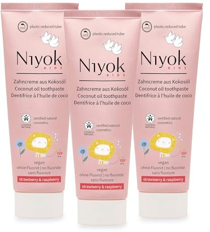 Niyok® Bio Zahncreme für Kinder (75ml) 3er Set • Natürliche Kinder Zahnpasta ohne Fluorid • Schützt Zähne & Zahnfleisch • Vegane Kinderzahncreme • Mit fruchtigem Erdbeere & Himbeere Geschmack