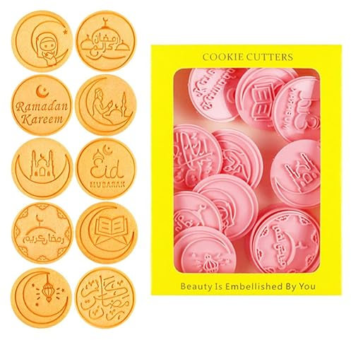 10Pcs Ramadan Cookie Cutter, Eid Mubarak Islamic Muslim Biscuit Mold, 3D Ramadan Islamic Muslim Cookie Stamps DIY Ramadan Cookie for Eid Celebration Party Dinner