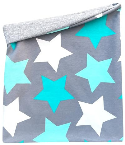Wollhuhn Kinder Long Loop MAXI Halswärmer/Schlupf-Schal Extra Lang Jungen/Mädchen Viele Motive 20240201 (Baumwolljersey, Big Stars Grau/Mint)