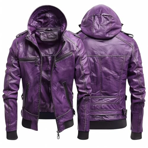 Meshnew Rinnova il tuo stile con una giacca da motociclista in pelle elegante e aderente con cappuccio da uomo., Viola, XXXL