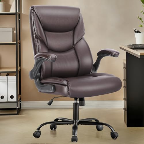 Sweetcrispy Ergonomischer Bürostuhl mit hochklappbaren Armlehnen, PU-Leder, verstellbares Drehgelenk mit Rollen, Braun, Polypropy, Modern