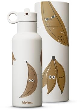 Blooom Isolierte Edelstahl-Wasserflasche für Kinder | Langlebig, auslaufsicher und einfach zu verwenden | Trinkflasche mit Strohhalm | Edelstahl Trinkflasche Kinder (Banane, 475ml)