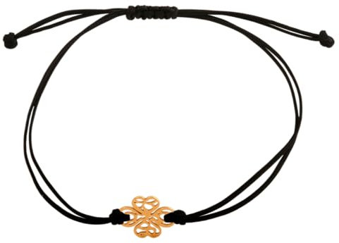 Rodium – 14 Karat (585) Armband auf schwarzer Kordel mit goldener, durchbrochener Kleeblatt-Anhängern, Glückssymbol, minimalistisches Design/Frauen und Mädchen