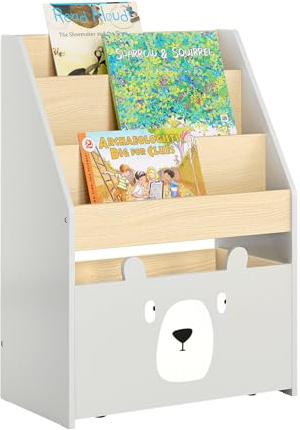 SoBuy Kinder Bücherregal Kinderregal mit 3 Ablagefächern und Einer herausnehmbaren Spielzeugtruhe Aufbewahrungsregal für Kinder Grau-Natur BHT ca. 51x70x28cm KMB104-HG