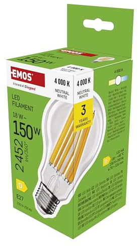 EMOS LED Lampe Edison A70, 18W Ersatz für 150W Glühbirne, Vintage-Glühlampe mit E27 Sockel und Helligkeit 2452 lm, Neutralweiß 4000 K, 25000 Stunden Lebensdauer, CRI > 80, 360° Abstrahlwinkel