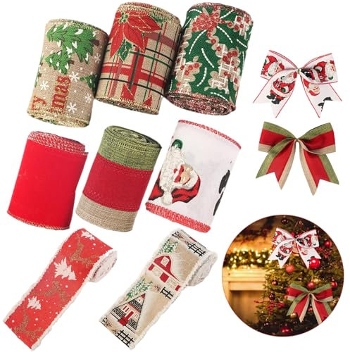 Forreen 8 Stück Geschenkband Weihnachtsband Breit,Schleifen Weihnachtsbaum,Dekoband Juteband Weihnachten,Vintage Christmas Satinband für Xmas Kränze Deko,Geschenkverpackung Basteln