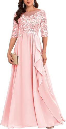 YIANN Robe de mère de la mariée à manches mi-longues en dentelle et mousseline de soie pour femme, robe formelle pour invitée de mariage, rose, 38