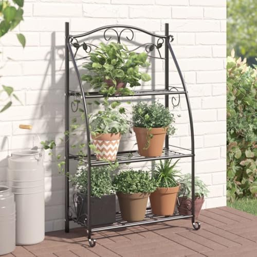 Pflanzenständer mit 3 Ablagen, Pflanzenregal für Indoor und Outdoor, Blumenregal, Mehrstöckig Blumenständer, Blumenbank, Gartendeko, Schwarz 56x30x96 cm Stahl