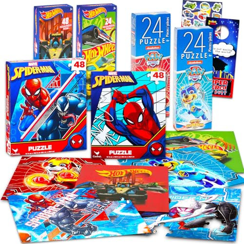 Spiderman, Hot Wheels und Paw Patrol Puzzle-Set für Jungen – Bundle mit 6 Puzzles für Kinder im Alter von 4–8 Jahren, 24/48 Teile Puzzles für Kinder und Kleinkinder