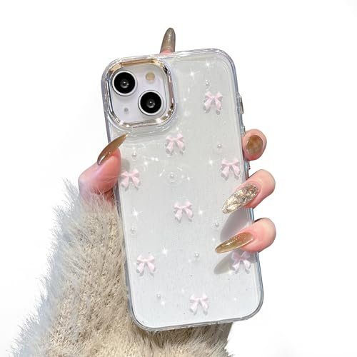 EYZUTAK Handyhülle für iPhone 13/iPhone 14, Funkelnde 3D Bowknot Telefon Hülle Nette Glitzend Kristall Klare Schleife Design Case Schlank Weich TPU Transparente Schutzhülle - Rosa Schleife