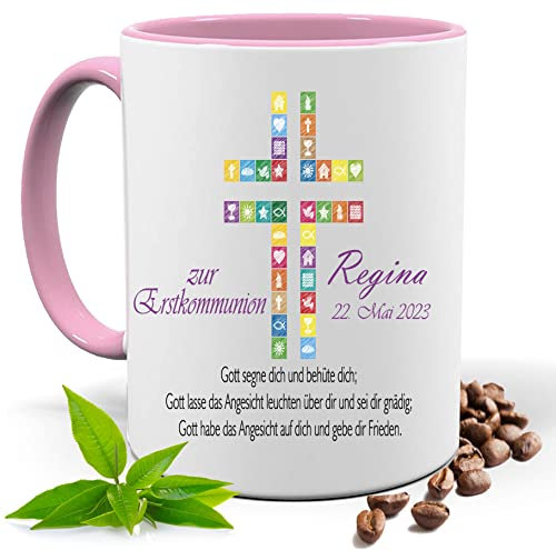Kommunion Geschenk, bedruckte Tasse personalisiert mit Namen und Datum, Kreuz, Spruch |Geschenk Idee| Kaffee Tee Tasse | Fototasse, Motivtasse | Kaffeetasse, Teetasse |Keramik (Rosa)