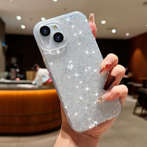 LAPOPNUT for iPhone 15 Case,Bling Glitter Paillette Clear Shockproof Phone Case for Women Girls,Cute Sparkle Bumper Crystal Silicone Slim Cover for iPhone 15 6.1,Silver