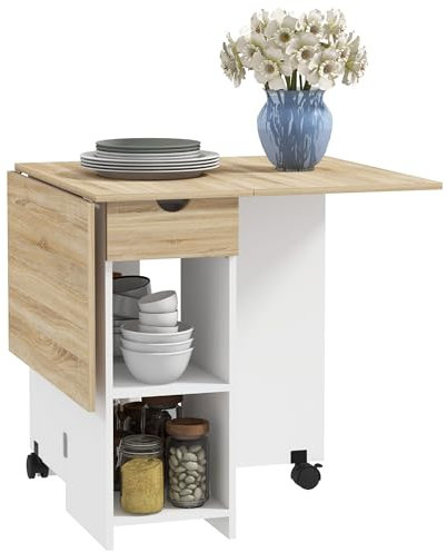 HOMCOM Mesa Plegable de Comedor Mesa de Cocina Plegable con Ruedas Alas Abatibles Cajón y Estantes para 2-4 Personas 120x72x75 cm Roble y Blanco