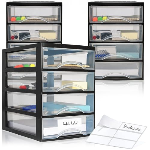 Hausfelder Schubladenbox A4, 3 Organizer mit jeweils 4 Schubladen inkl Aufkleber (A4, 3 Stk. mit 4 Schubladen)
