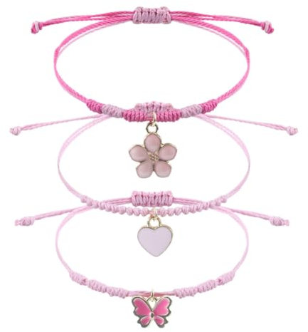 3 Gioielli Braccialetti per Bambina, Braccialetto dell'Amicizia Regolabile farfalle cuori fiori Intrecciato, per Ragazze, Regali e Bambini