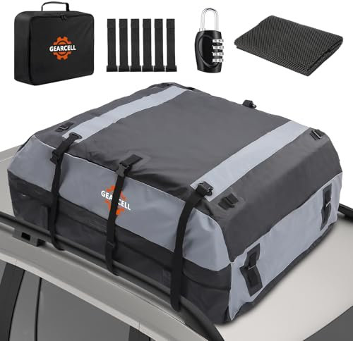GEARCELL Car Roof Bag, 21 Cubic Feet Large Roofing Cargo Carrier Bags Waterproof Storage Box All Cars with/Without Racks Includes Anti-Slip Mat Combination Lock 6 Door Hooks