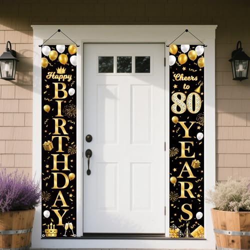 80 Geburtstag Deko Banner Schwarz Gold- 2 Stück 80 Jahr Geburtstagsdeko Happy Birthday Türbanner, Stoff Geburtstagsbanner für 80. Frau Männer Geburtstagsfeier Dekoration