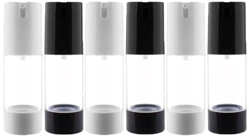 Qeuly Airless Pump Bottles, 1 oz Travel Size Lotion Dispenser, Small Plastic Vacuum Cosmetic Pump Bottles for Lotion, Cream, Foundation and Toiletries, White/Pink/Blue (Pack of 6), White/Black